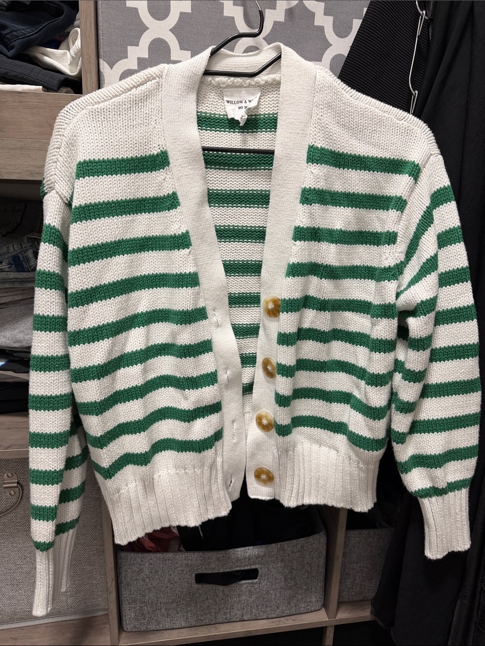 Willow & Wind Green White Striped Button-Front Knit Cardigan